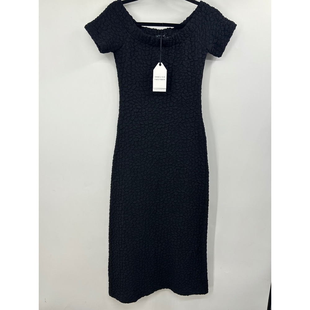English Factory Black Popcorn Textured Short Sleeve Midi Dress Small New